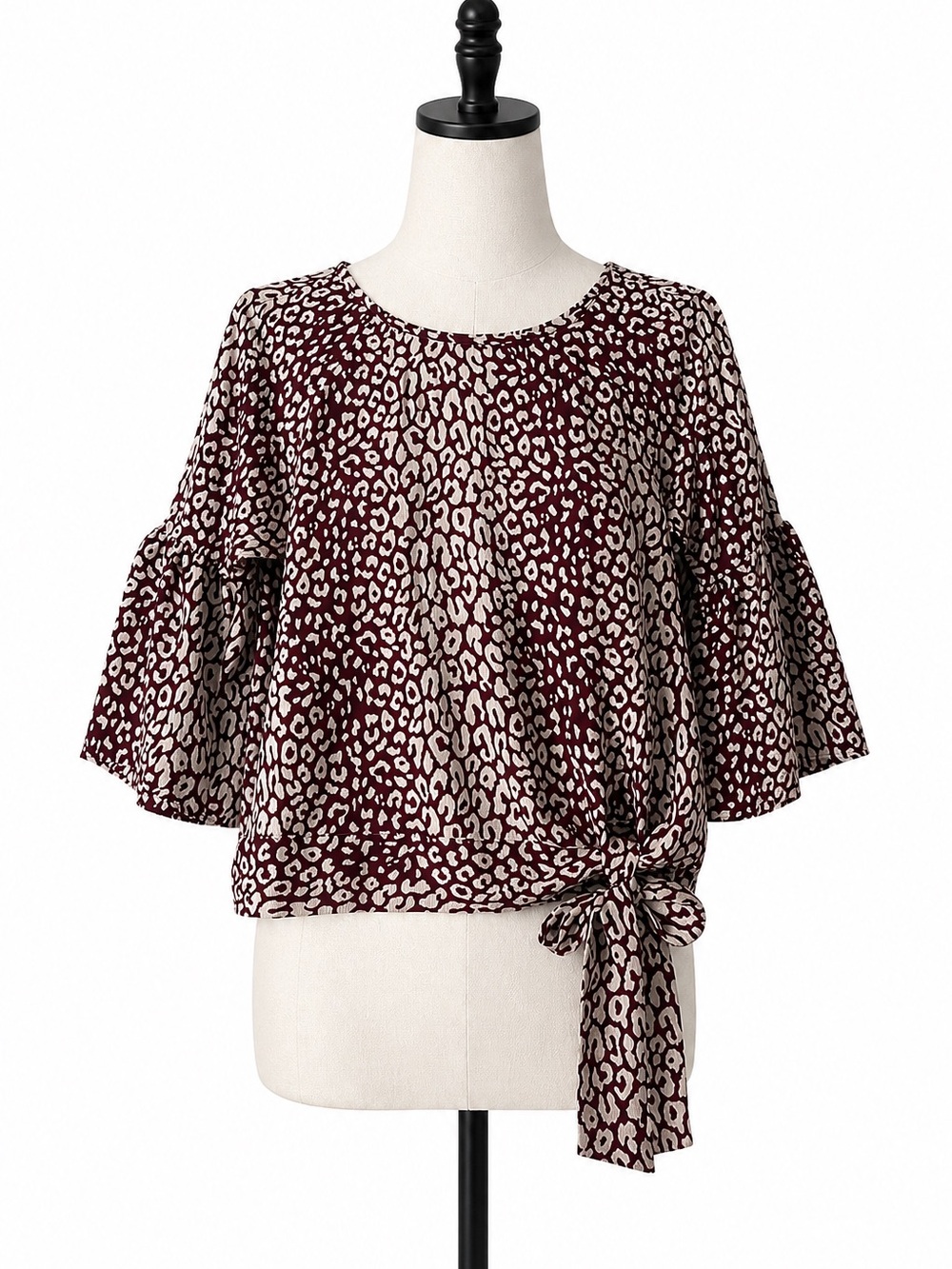 Michael Kors‎ Burgundy and Cream Leopard Print Tie-Side Blouse, Size S
